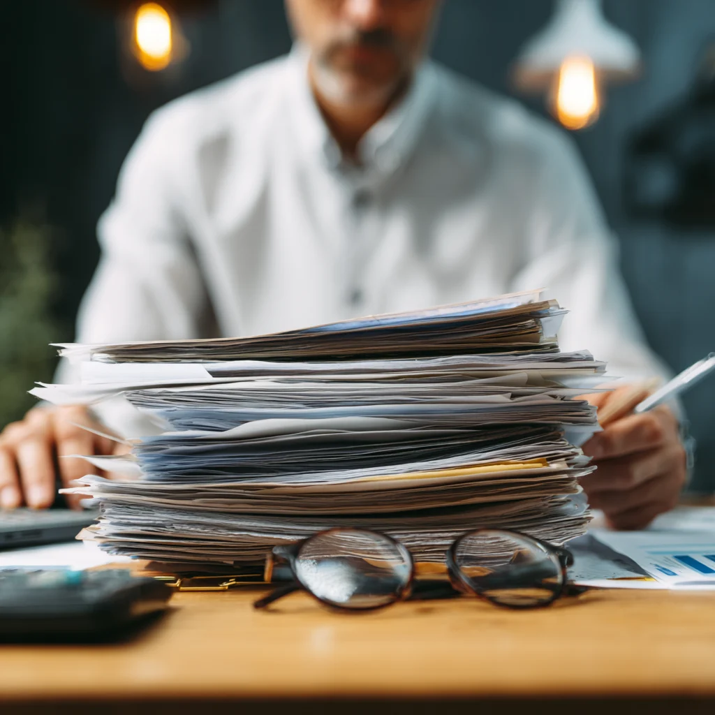 Man sitting at desk in front of a stack of files. Letter of Testamentary North Carolina