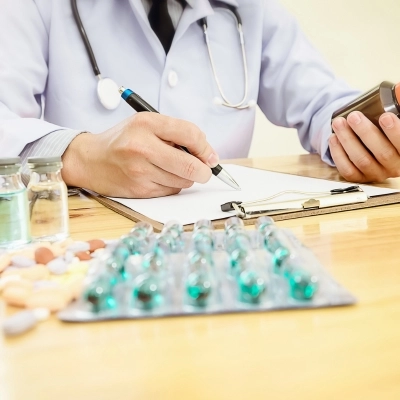 A pharmacist writing on a clipboard with a pen surrounded by medicine.