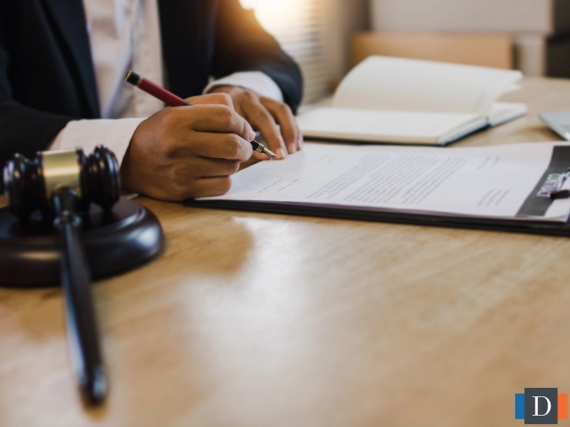 A lawyer signs a document.