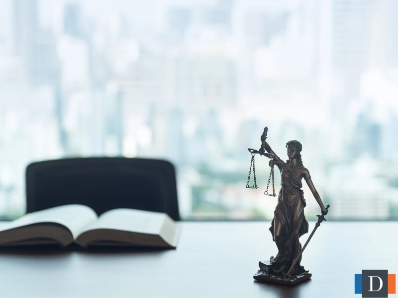 Statue of justice and a law book on a desk. This photo is intended to complement the service page titled "Temporary Restraining Order Attorney in Wake Forest, NC."