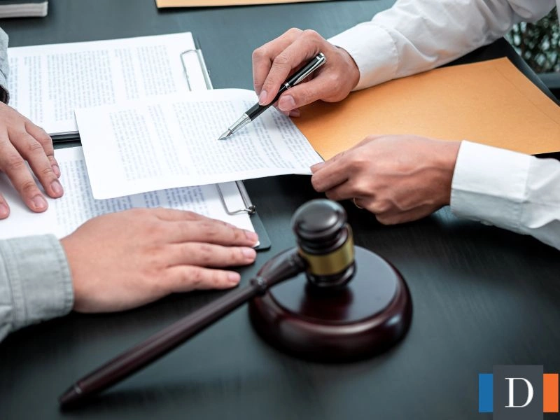 A lawyer explains a document to a client. This image is meant to accompany the page titled Debt Collection Attorney in Wake Forest.