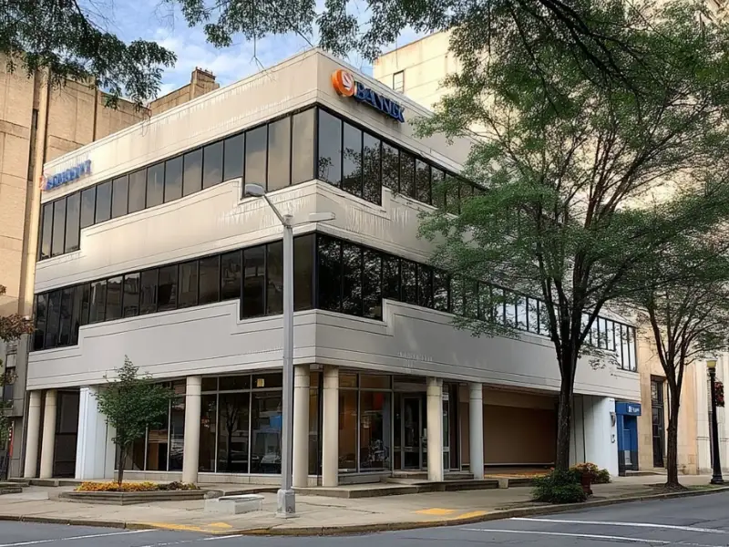 Bank building in city. Cary law firm.