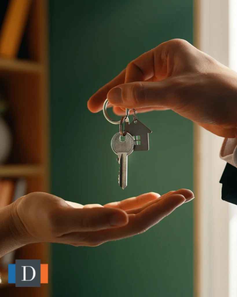 Hand passing house keys to another person representing property transfer under North Carolina intestacy laws.