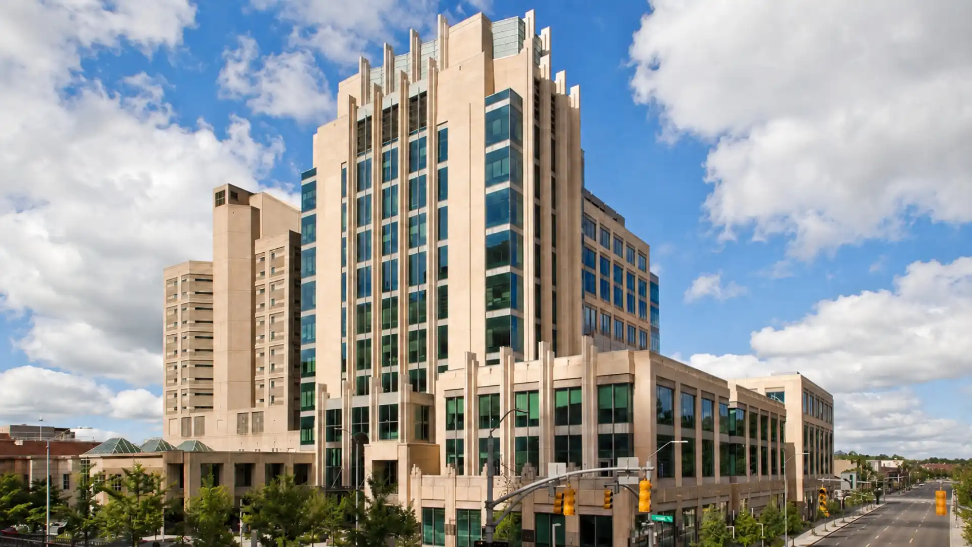 Exterior of the The Wake County Justice Center. A Cary or Wake Forest estate administration lawyer will represent you here. wills lawyer, estate planning attorney, trust lawyer, probate attorney, probate lawyer in Cary and Wake Forest, NC.
