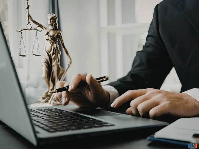Attorney using a laptop for legal research, showing how AI for legal advice and AI lawyer tools can support modern legal work.
