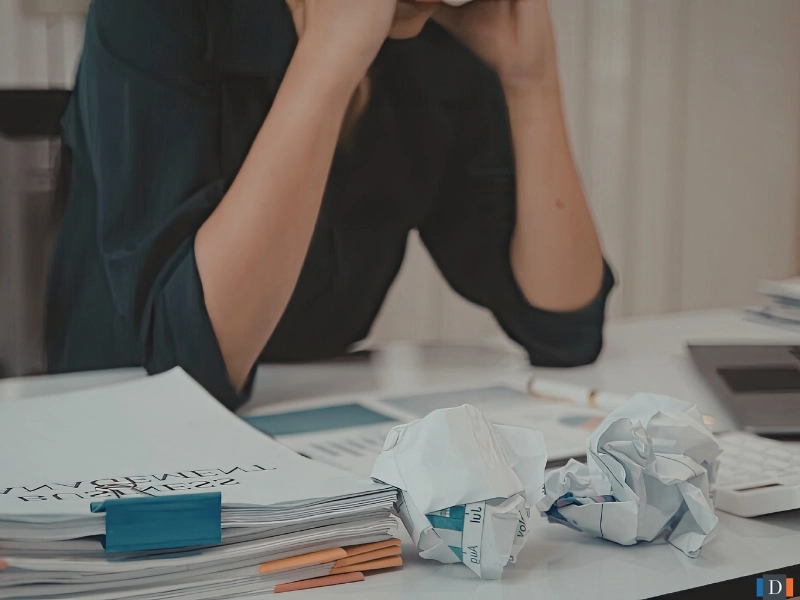 Stressed legal professional surrounded by paperwork, representing how AI for legal advice and AI lawyer tools may support legal research and reduce repetitive legal work.