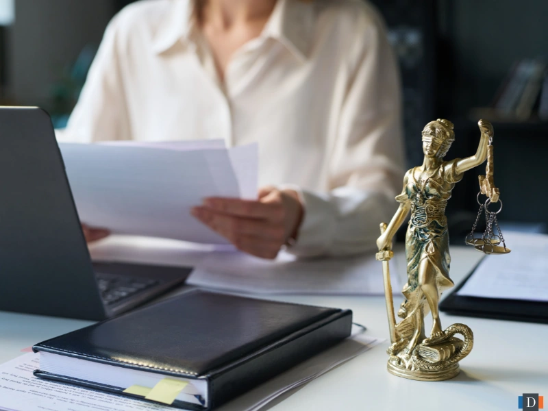 Legal professional reviewing documents beside a laptop and Lady Justice statue, representing legal research, AI for legal advice, AI lawyer tools, and modern legal work.