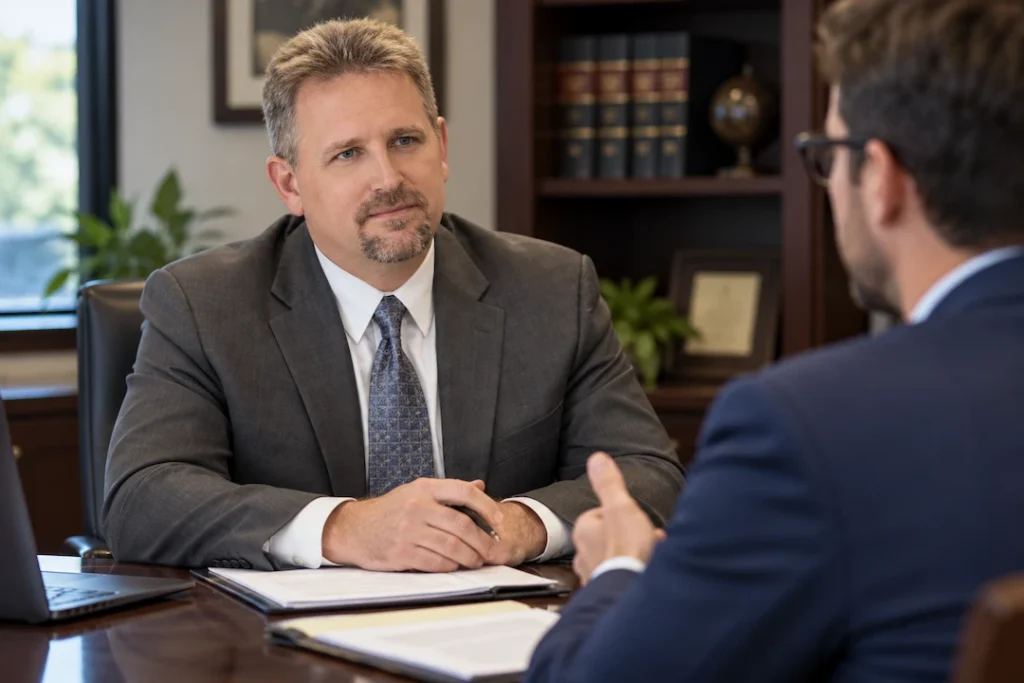 A Wake Forest business debt collection attorney speaks with a client.