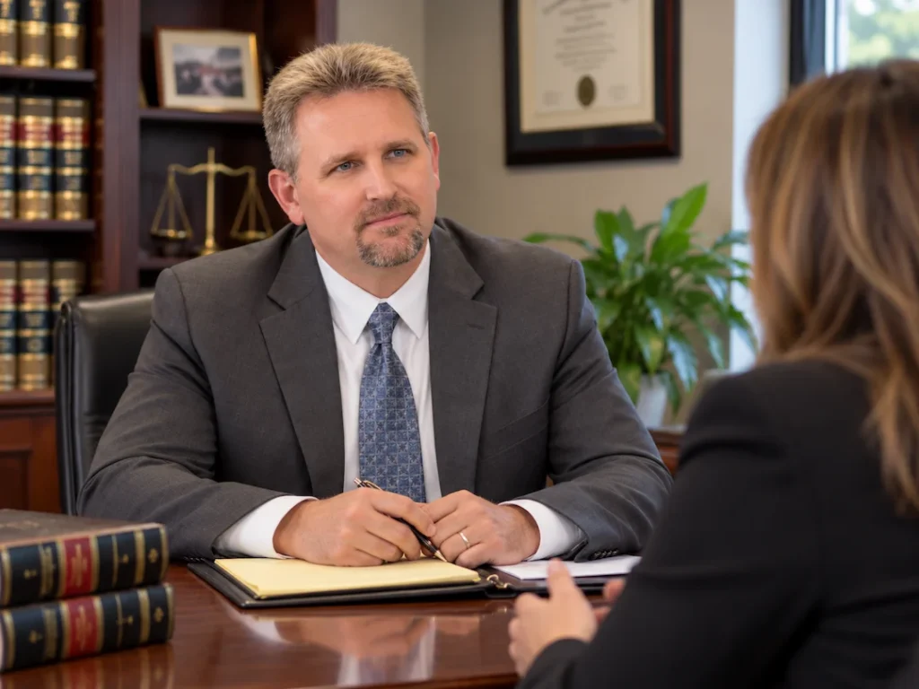 Wake Forest temporary restraining order attorney listening to a client in a law office.