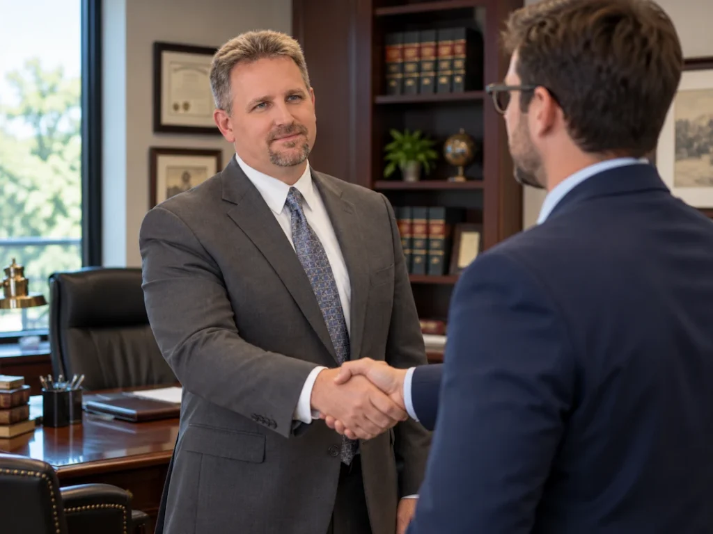 A business debt collection attorney in Wake Forest shakes hands with a client.